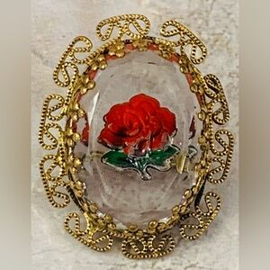 West Germany Filigree Intaglio Rose Brooch